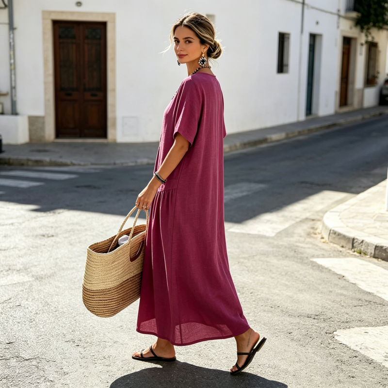 Abito maxi donna effetto cotone lino con bottoni