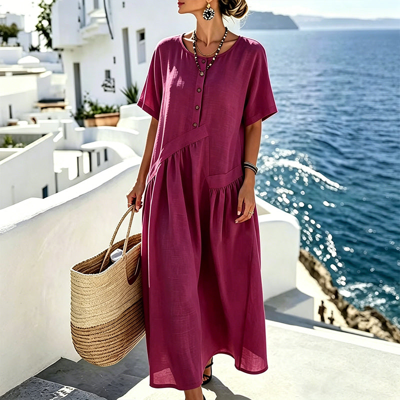 Abito maxi donna effetto cotone lino con bottoni