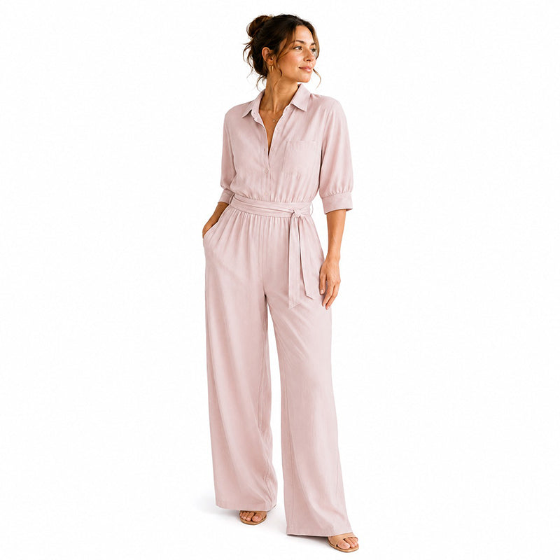 Tuta donna stile camicia con pantaloni larghi e cintura