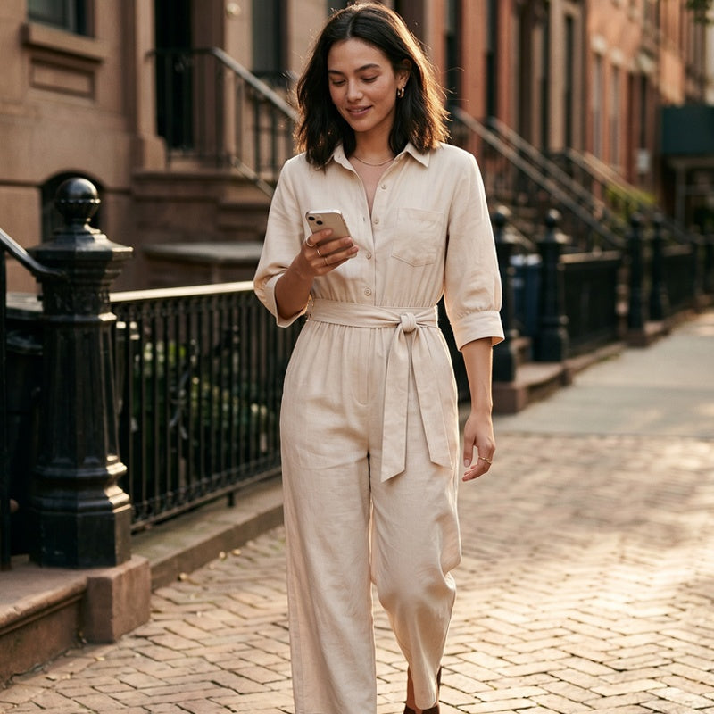 Tuta donna stile camicia con pantaloni larghi e cintura
