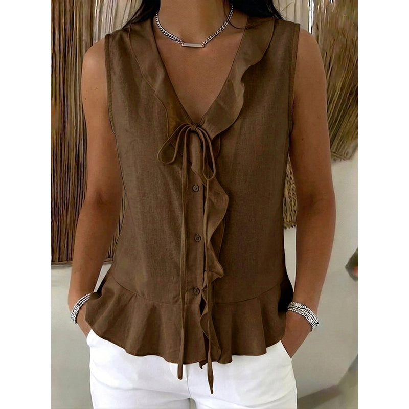 Top donna senza maniche con volant e scollo a V