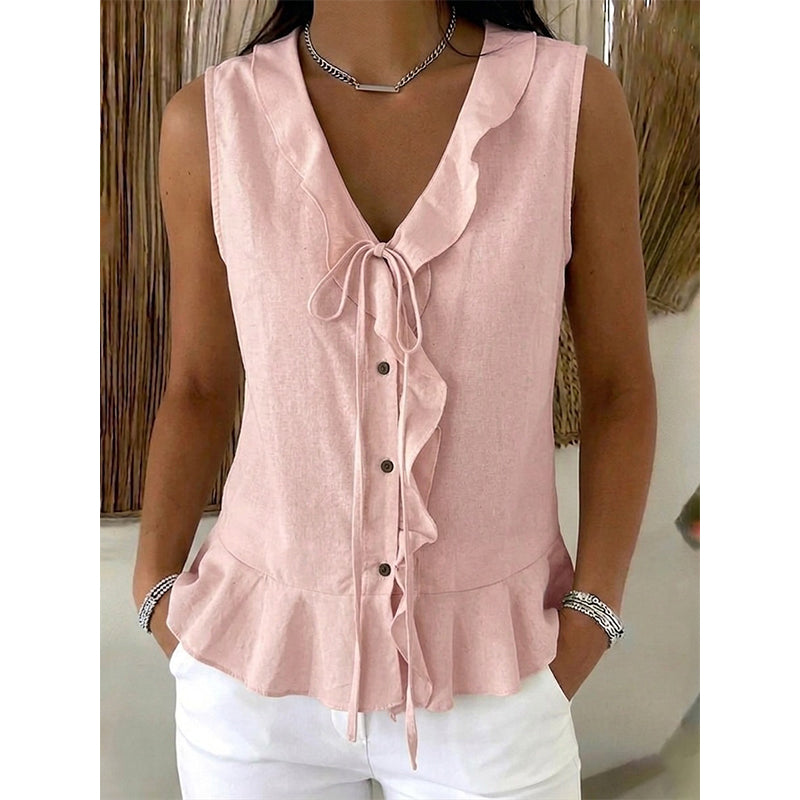 Top donna senza maniche con volant e scollo a V