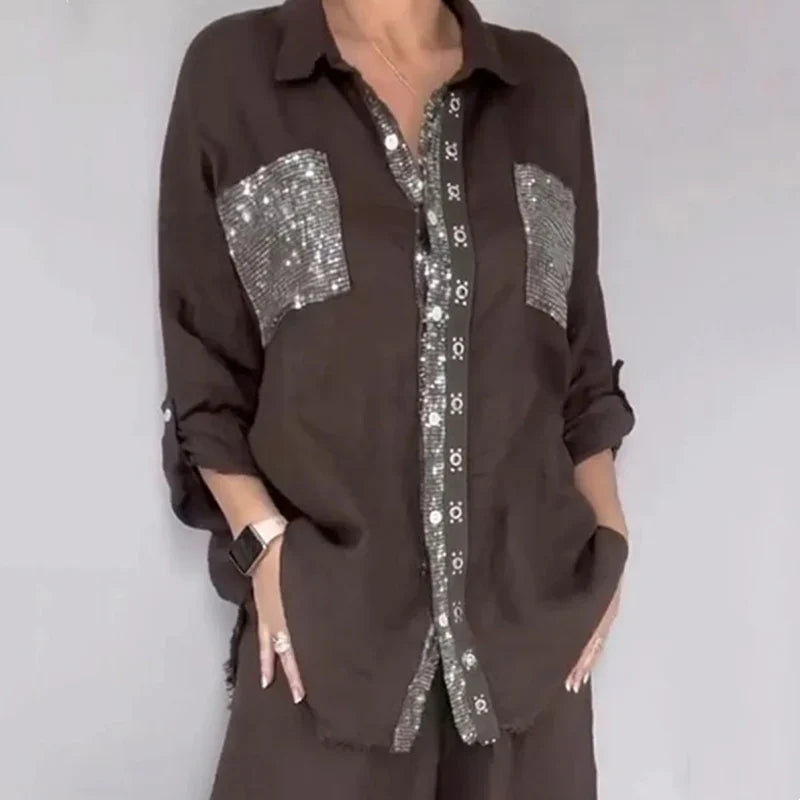 Completo donna elegante con paillettes e pantaloni morbidi