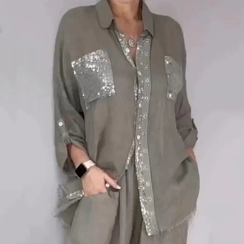 Completo donna elegante con paillettes e pantaloni morbidi