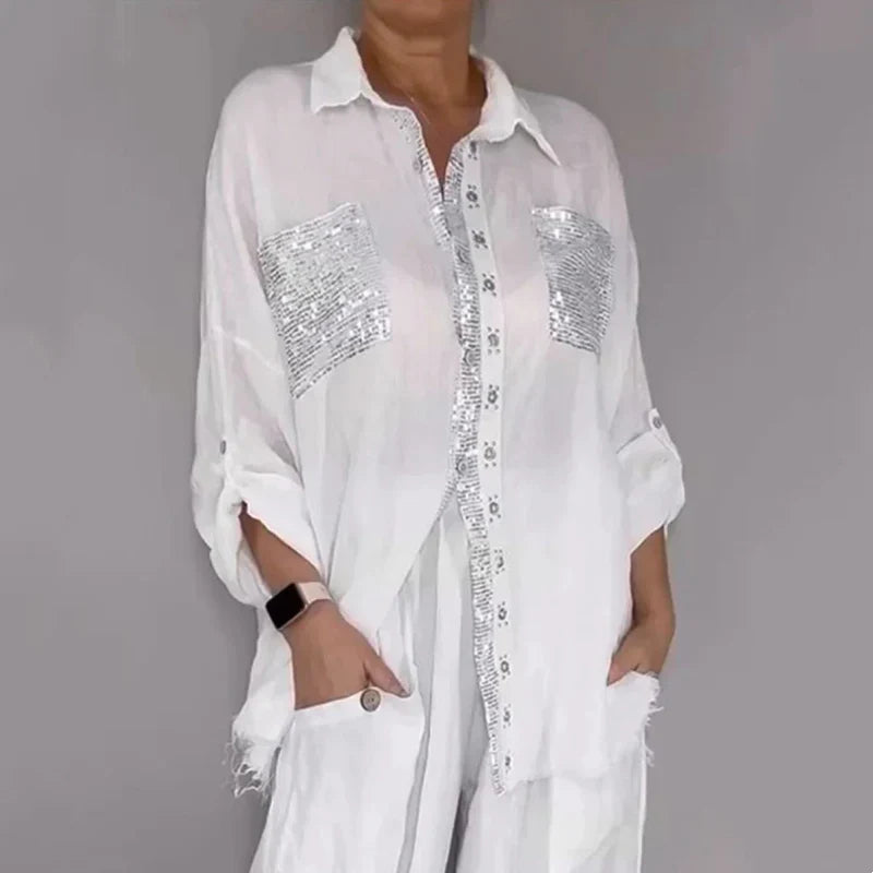 Completo donna elegante con paillettes e pantaloni morbidi