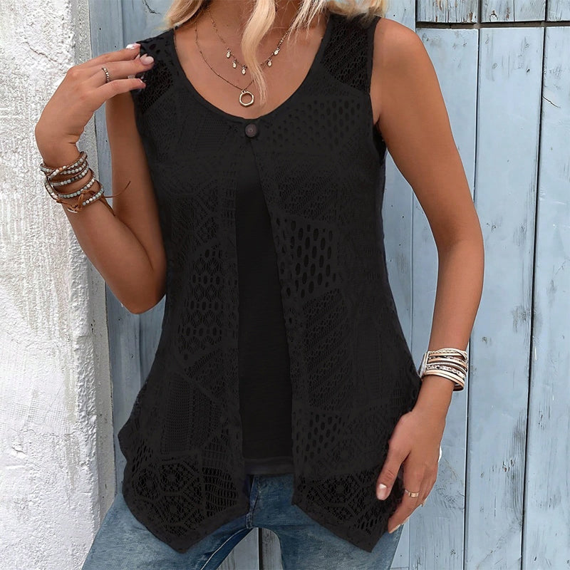 Gilet donna senza maniche all’uncinetto con bottone frontale