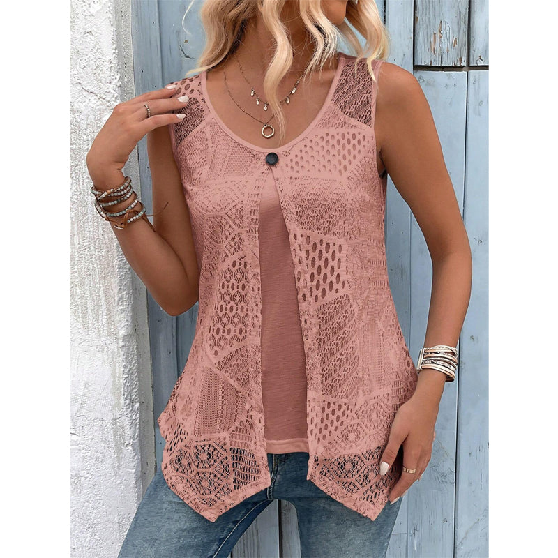Gilet donna senza maniche all’uncinetto con bottone frontale