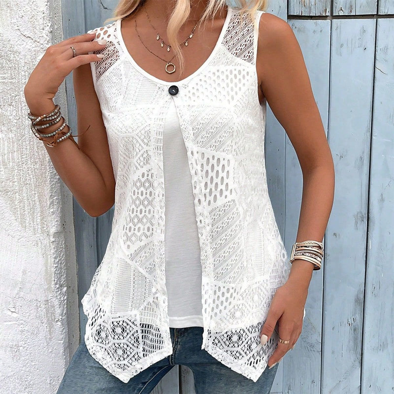 Gilet donna senza maniche all’uncinetto con bottone frontale