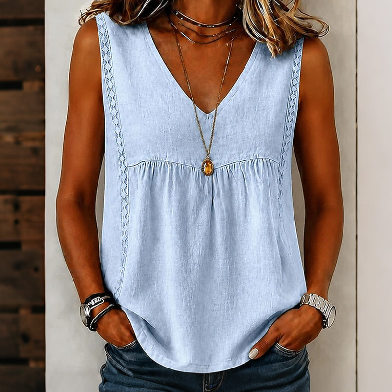 Canotta donna in cotone lino con scollo a V e pizzo