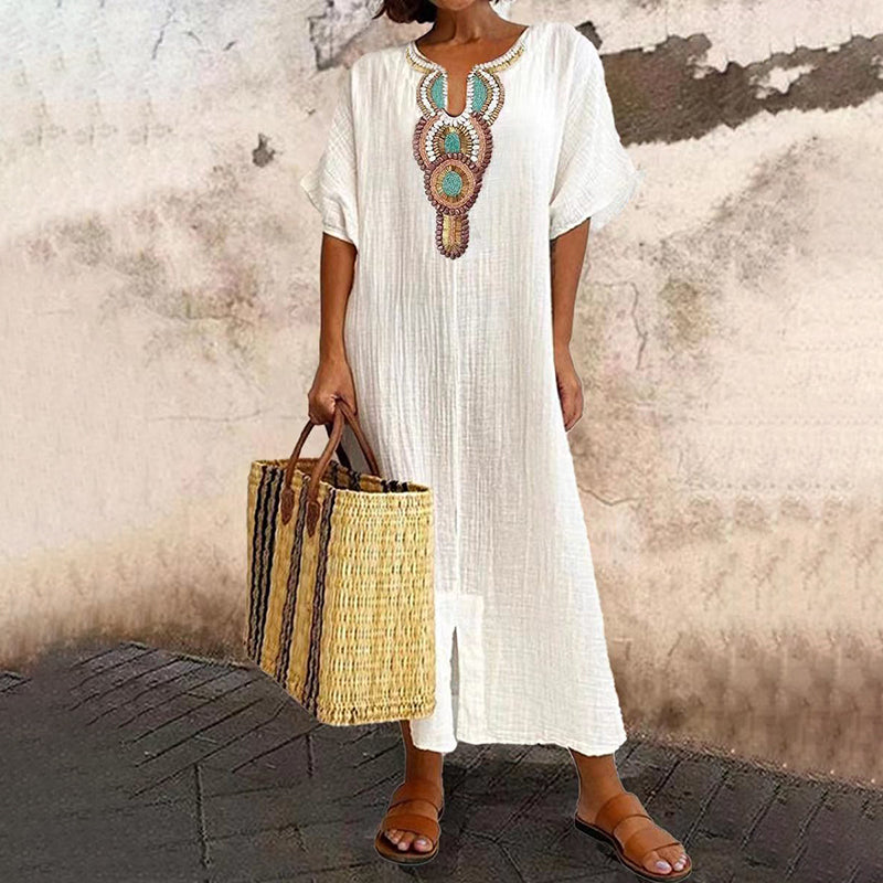 Vestito maxi donna bohemien con ricamo sul collo