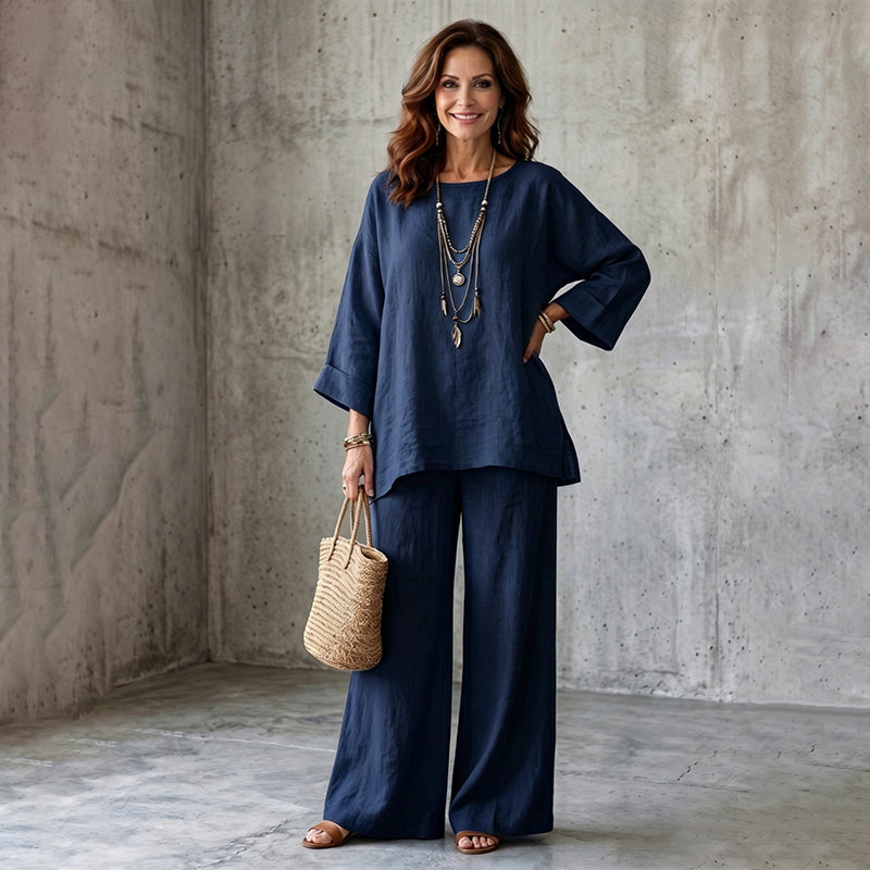 Completo donna due pezzi effetto lino con pantaloni larghi