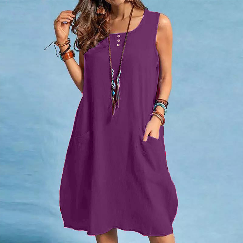 Abito donna senza maniche in cotone lino con tasche