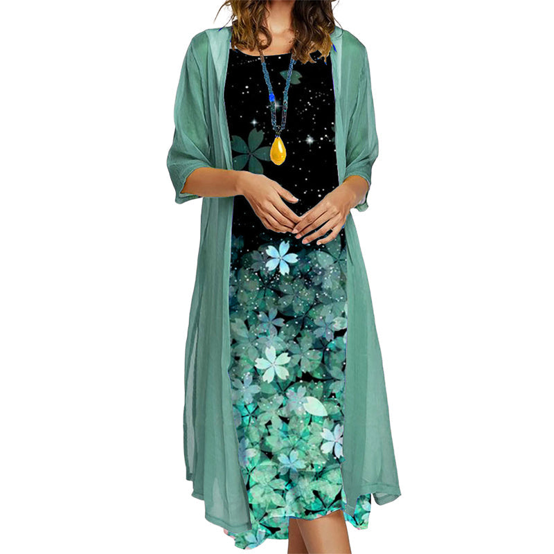 Completo donna due pezzi con abito floreale e giacca leggera