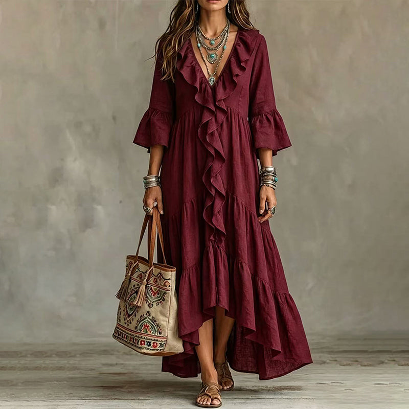 Abito midi donna bohemien con volant e scollo a V
