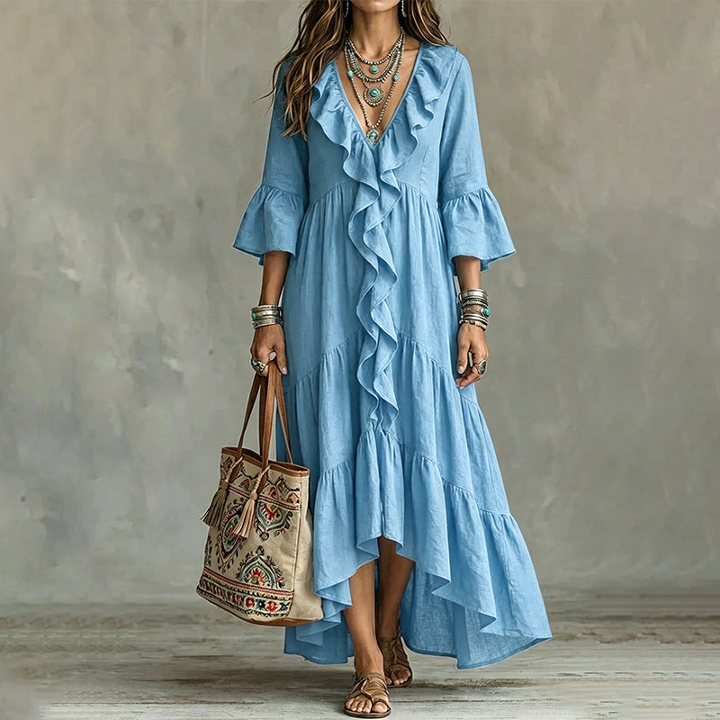 Abito midi donna bohemien con volant e scollo a V