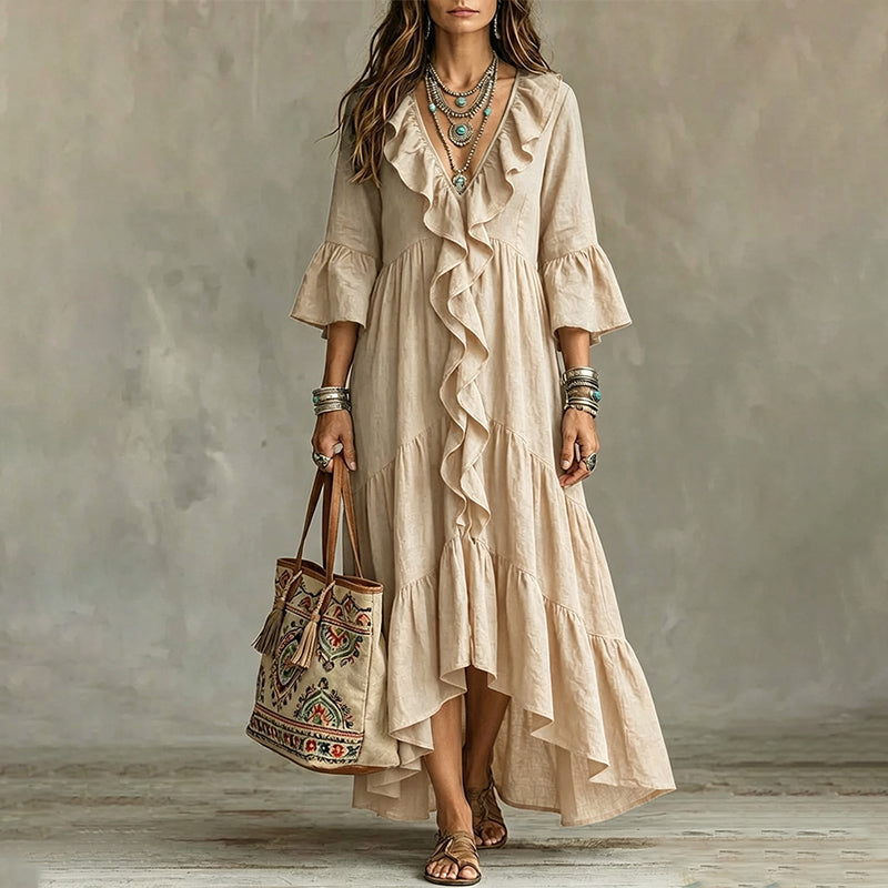 Abito midi donna bohemien con volant e scollo a V