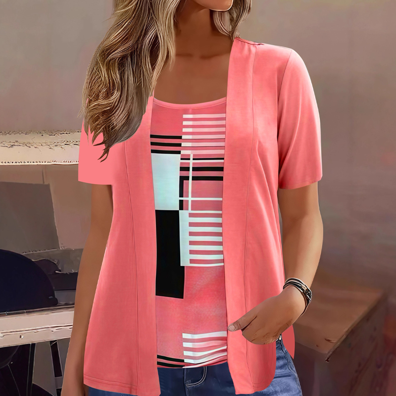 T-shirt donna effetto sovrapposto con stampa geometrica