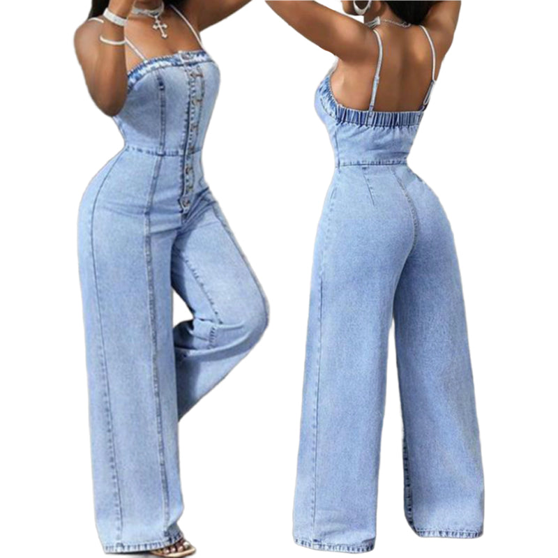 Tutina donna in denim con spalline sottili