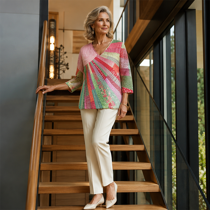 Blusa donna patchwork rétro con scollo a V