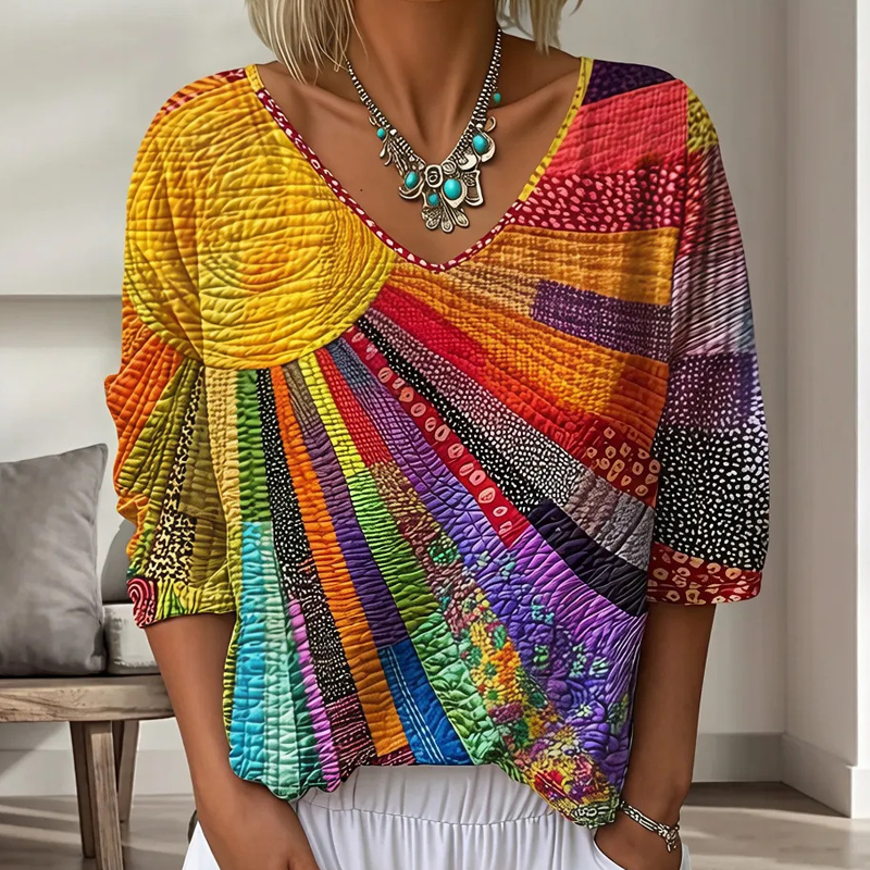 Blusa donna patchwork rétro con scollo a V