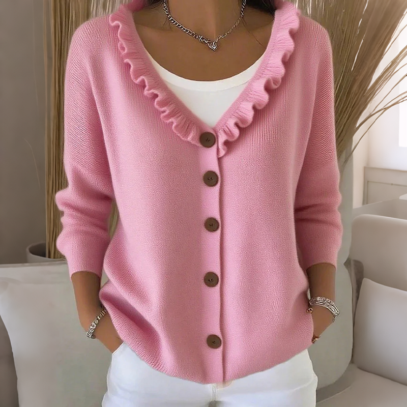 Cardigan donna in maglia con bottoni e colletto volant