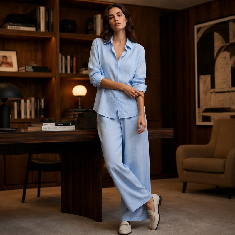 Completo donna camicia bottonata con pantaloni larghi fluidi