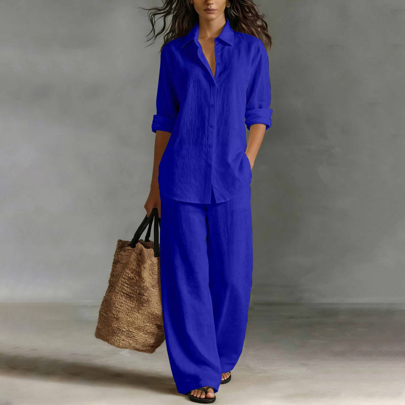 Completo donna camicia bottonata con pantaloni larghi fluidi