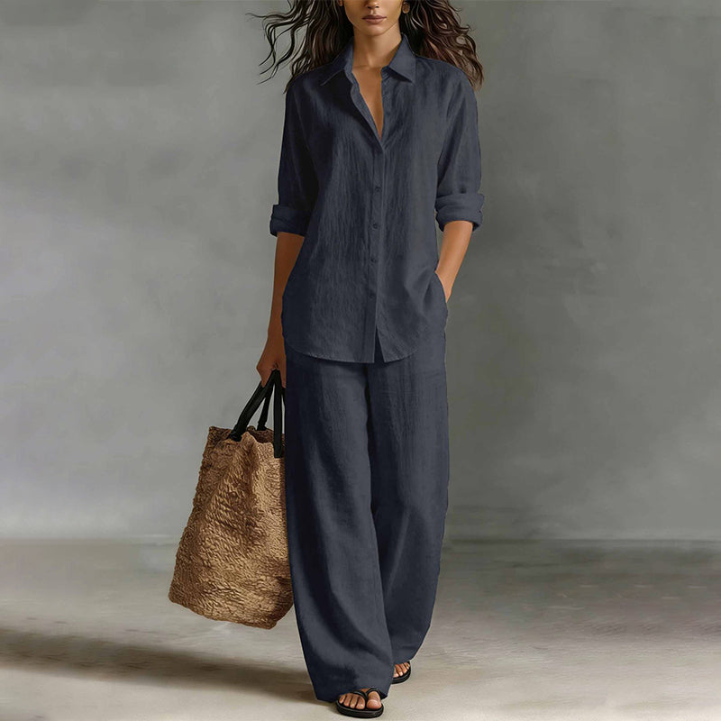 Completo donna camicia bottonata con pantaloni larghi fluidi