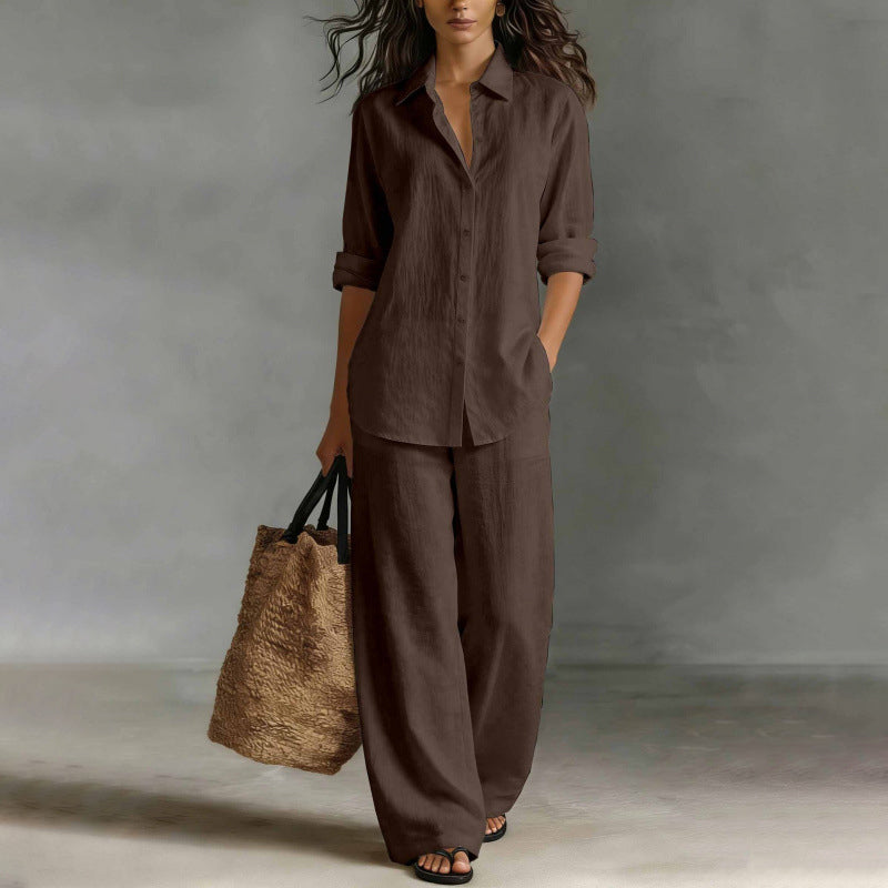 Completo donna camicia bottonata con pantaloni larghi fluidi