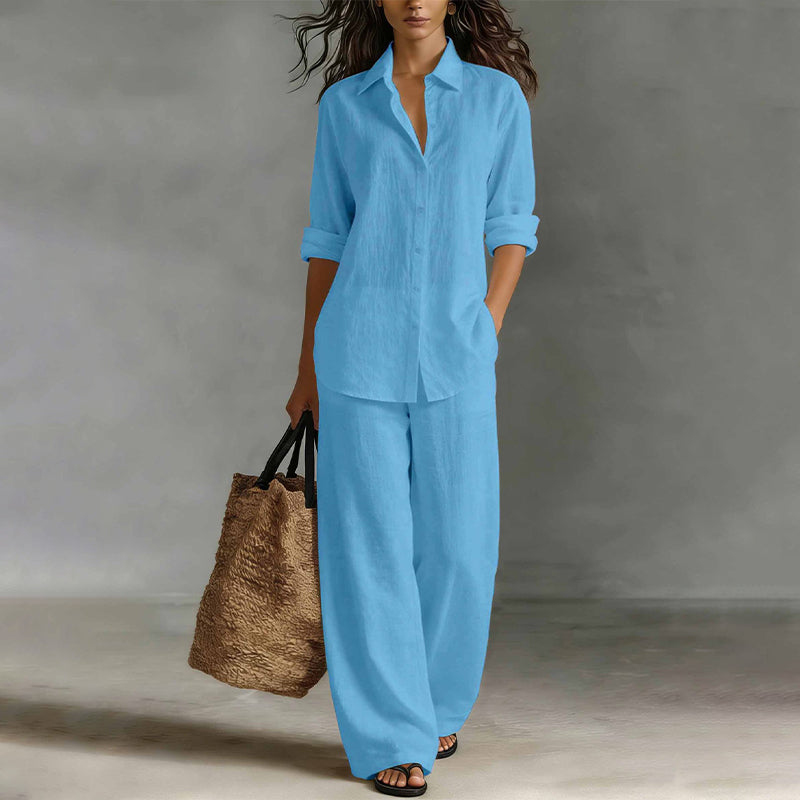 Completo donna camicia bottonata con pantaloni larghi fluidi