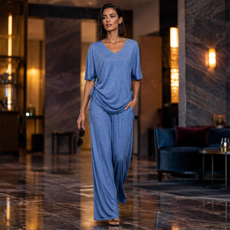 Completo donna fluido con top regolabile e pantaloni larghi