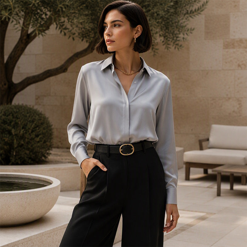 Blusa donna elegante effetto satinato con colletto e bottoni
