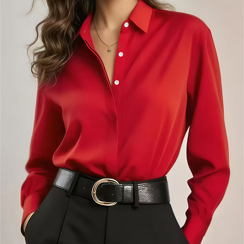 Blusa donna elegante effetto satinato con colletto e bottoni