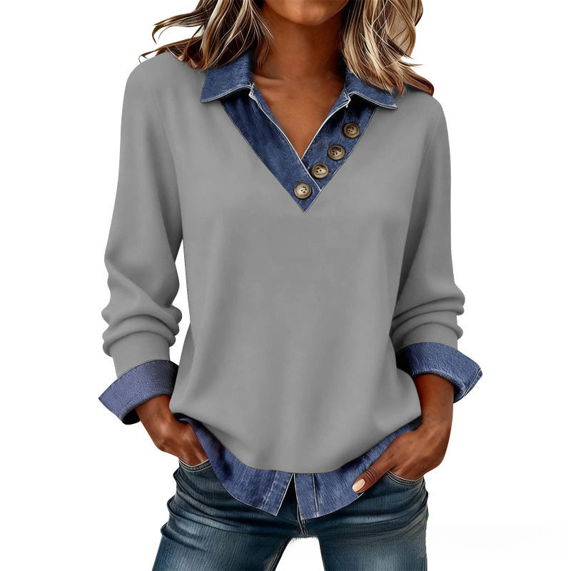 Camicia donna effetto sovrapposto con colletto denim