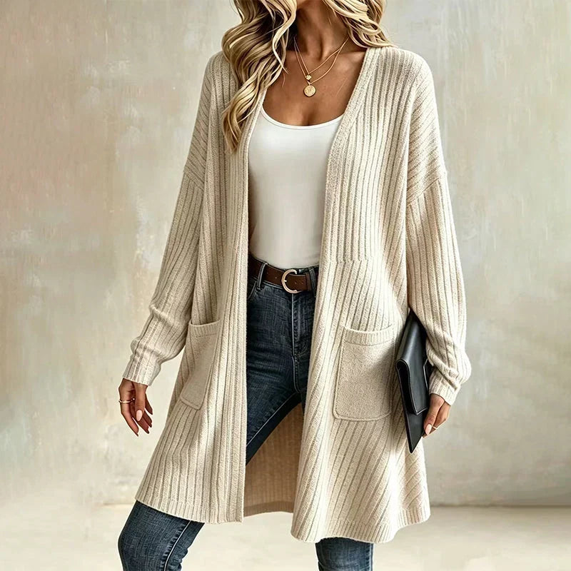 Cardigan lungo donna aperto con lavorazione a coste e tasche