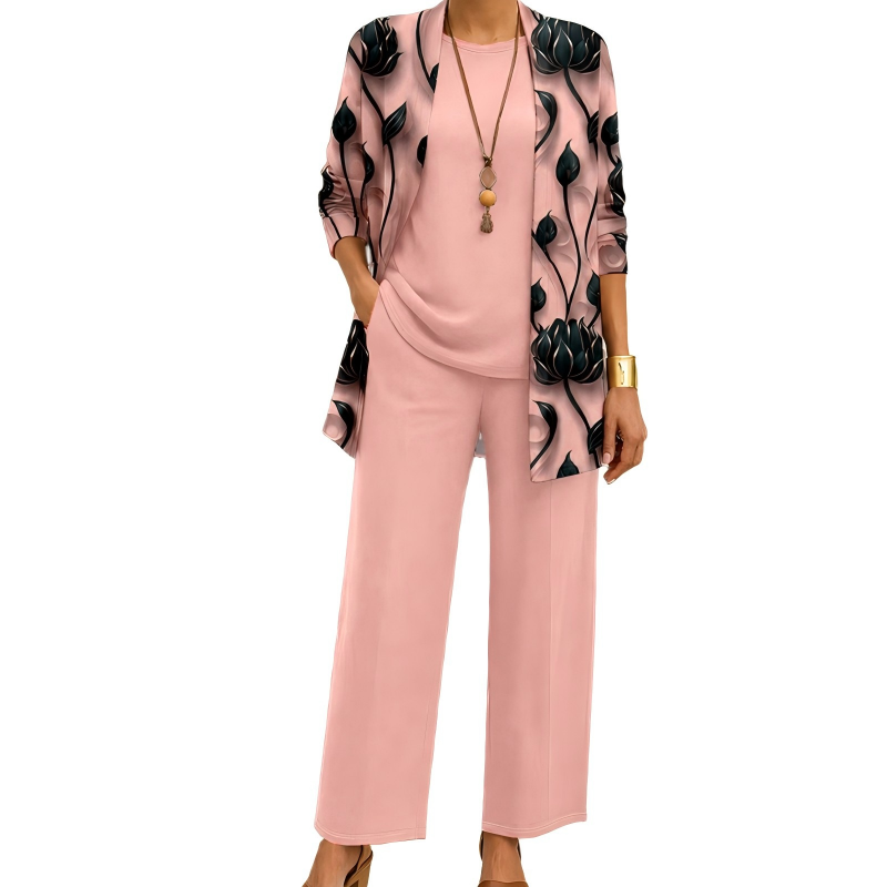 Completo donna tre pezzi elegante con cardigan lungo stampato