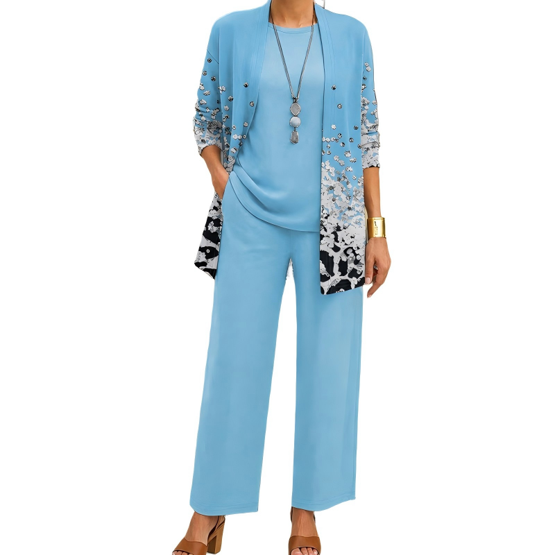 Completo donna tre pezzi elegante con cardigan lungo stampato