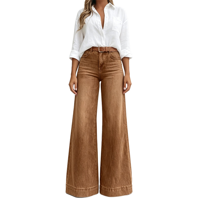 Jeans donna a vita alta con gamba ampia e lavaggio vintage