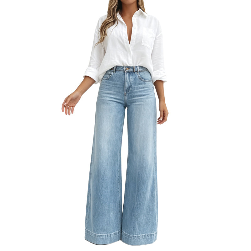 Jeans donna a vita alta con gamba ampia e lavaggio vintage