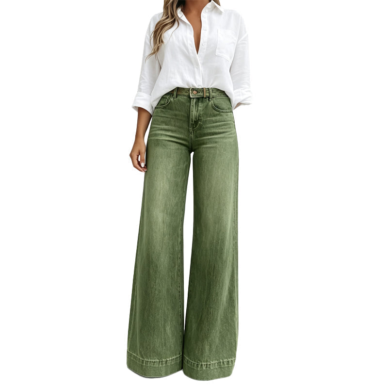 Jeans donna a vita alta con gamba ampia e lavaggio vintage