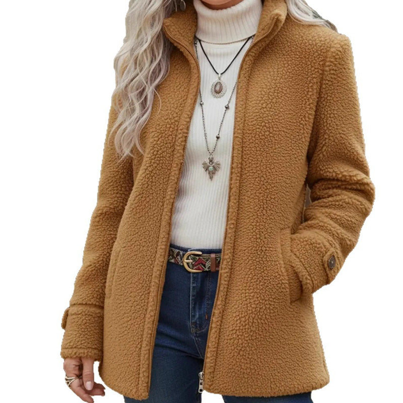 Giacca donna in sherpa con zip frontale e collo alto
