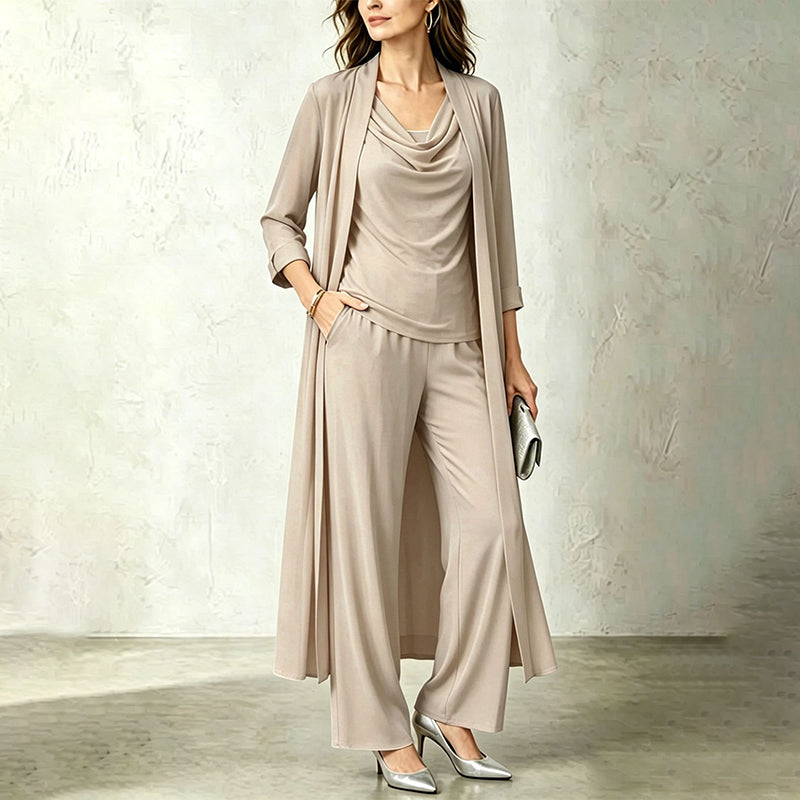 Completo tre pezzi donna con cardigan lungo e pantaloni fluidi