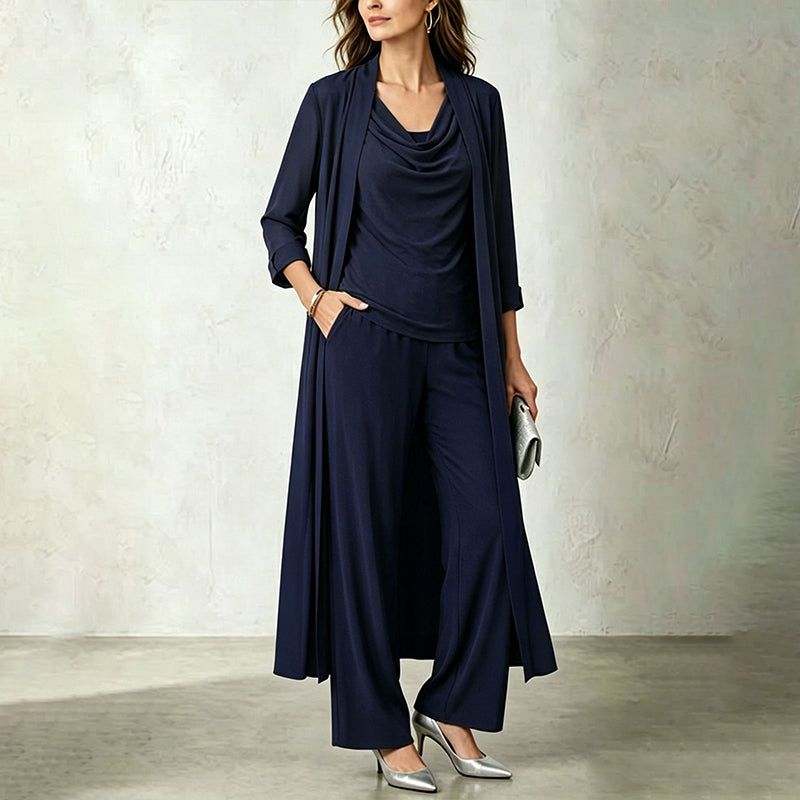 Completo tre pezzi donna con cardigan lungo e pantaloni fluidi