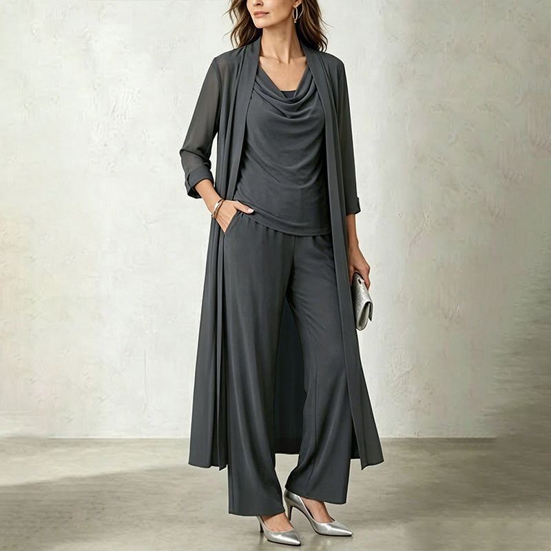 Completo tre pezzi donna con cardigan lungo e pantaloni fluidi