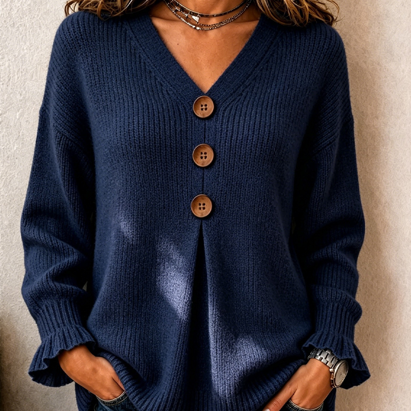 Maglione donna in cotone con scollo a V e bottoni