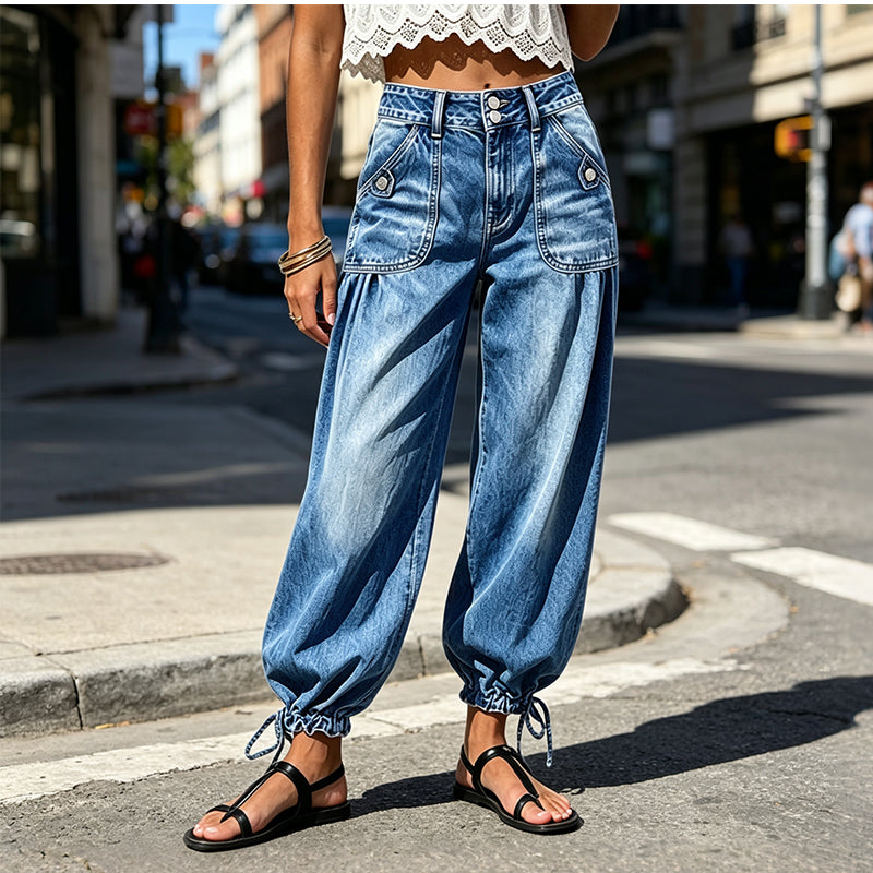 Jeans barrel donna a vita alta con fondo regolabile