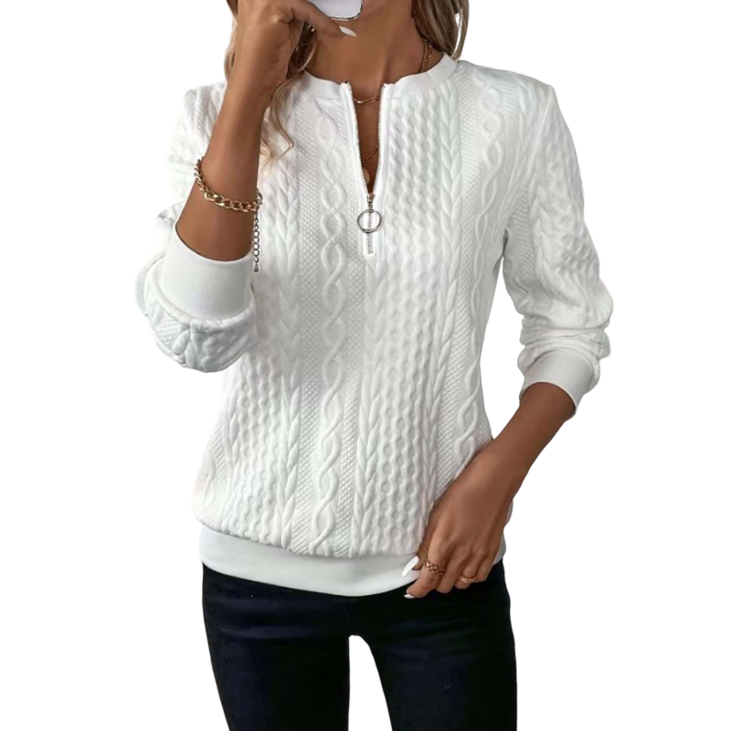 Felpa donna in maglia a trecce con mezza zip