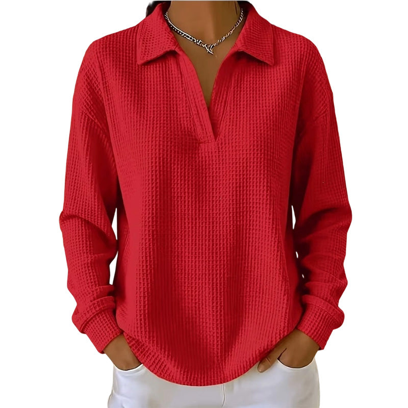 Top donna a coste con scollo a V e maniche lunghe