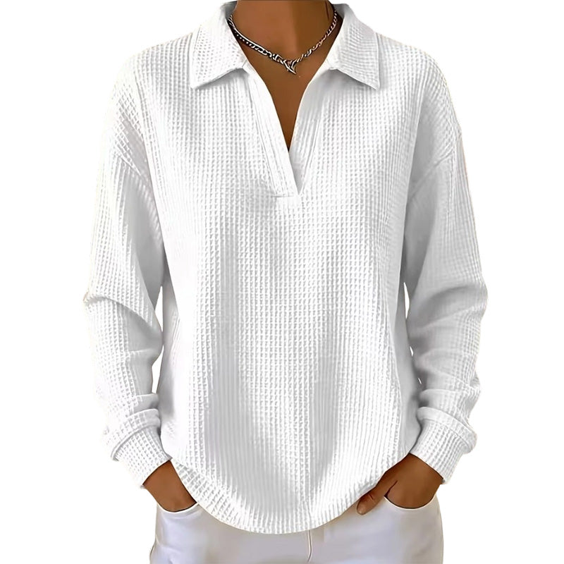 Top donna a coste con scollo a V e maniche lunghe