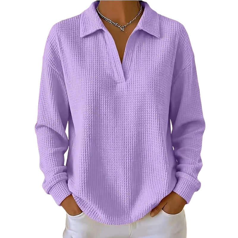 Top donna a coste con scollo a V e maniche lunghe